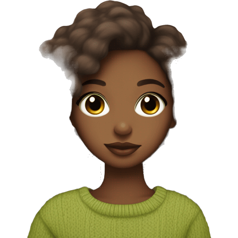 Dark brown girl, brown eyes, brown skin, long lashes, big rosé lips, matcha green sweater, holding parakeet in arms emoji