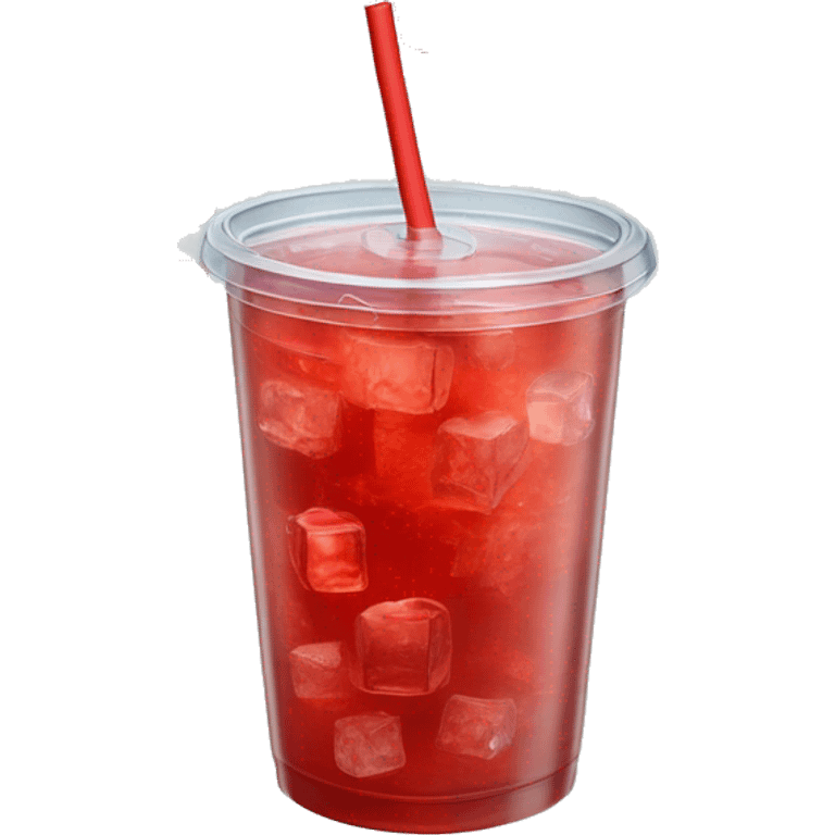 Realistic see through plastic cup and lid with half full Transluscent red soda,straw and large ice cubes inside. emoji