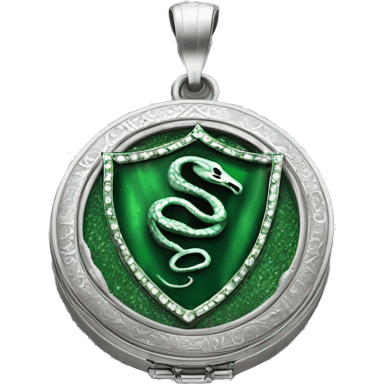 The Slytherin locket is a heavy, ornate piece of jewelry made of silver, with a large green "S" on its front. It is enchanted to contain a fragment of Voldemort's soul, making it a Horcrux, and it possesses the ability to bring out negative emotions in emoji