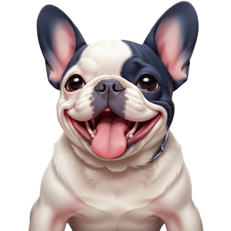 Cinematic Cute Yawning Pied French Bulldog Portrait Emoji, Head tilted with an exaggerated, endearing yawn and sleepy, squinty eyes, showcasing a unique pied fur of contrasting colors with a playful expression, simplified yet irresistibly adorable, highly detailed, glowing with a soft, cozy radiance, high shine, exuding a relaxed, humorous charm, styled with a gentle, soft glowing outline, capturing the essence of a Pied French Bulldog in a blissfully cute yawn that warms the heart! emoji