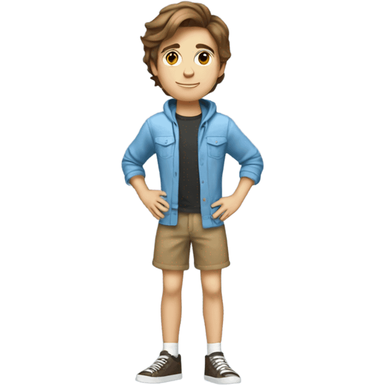 do a teenage boy with brown hair light eyes and a cute outfit, full body legs arms, SURFING  emoji