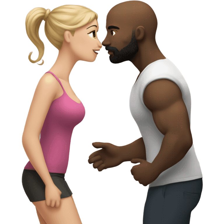 Curvy White brunette kissing muscular black bald man with beard emoji