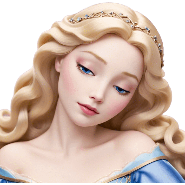 Cinematic Realistic Sleeping Beauty (Aurora) Portrait, with porcelain-like skin featuring a natural rosy flush, illuminated by soft lighting that highlights the gentle contours of her face. Her golden blonde hair flows in soft, detailed waves with subtle highlights that shimmer in the light. Her deep violet-blue eyes radiate warmth and innocence, framed by arched brows and long lashes. With a soft, serene smile, she holds a delicate rose gently in one hand, her other hand resting lightly by her side. She is dressed in her classic pink gown, the fabric rich in texture with delicate folds that catch the light. A golden crown rests atop her head, gleaming with royal refinement. The portrait captures a soft, glowing aura, blending realism with an ethereal sense of beauty and timeless enchantment. emoji