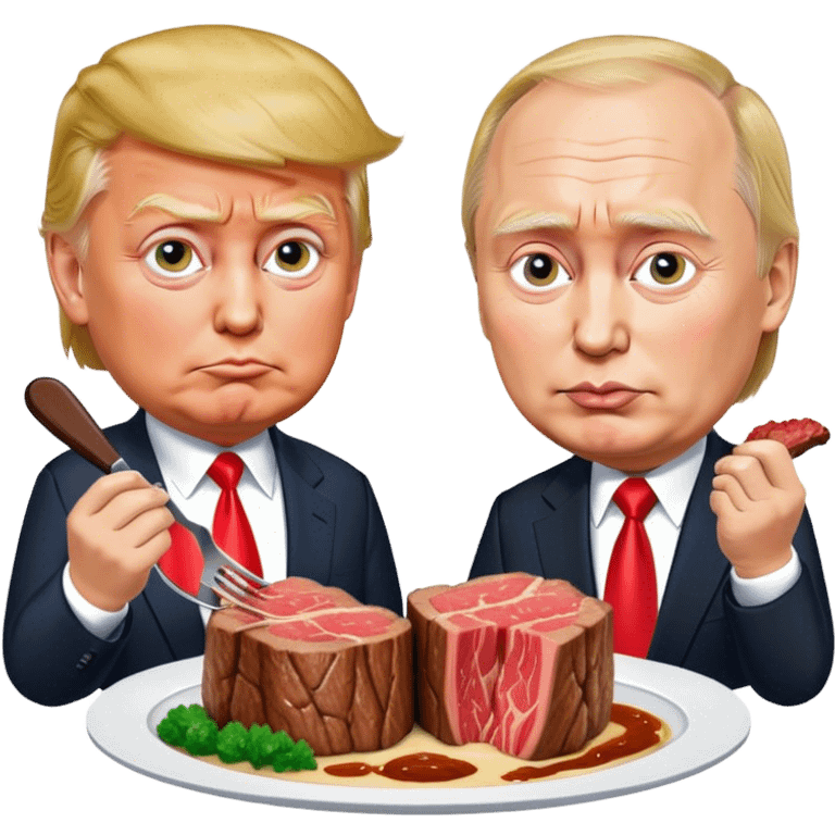 photorealistic Donald Trump and Putin eating a steak shaped like an piece of land emoji