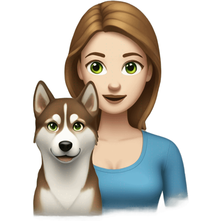 White Woman hair brown and bleus eyes and golden Husky With green eyes emoji