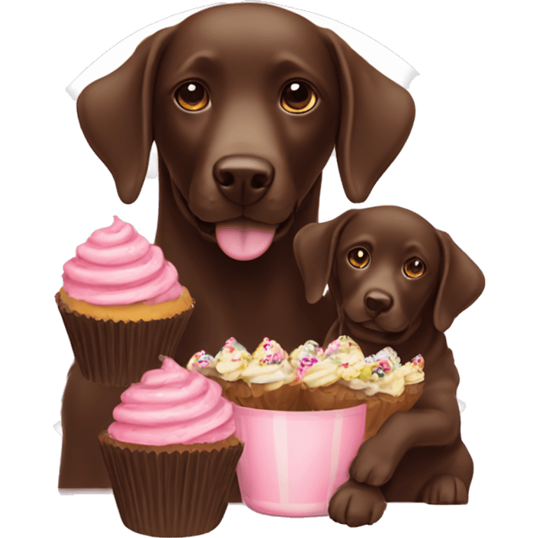 Chocolate Labrador mum and pup with cup cakes  emoji