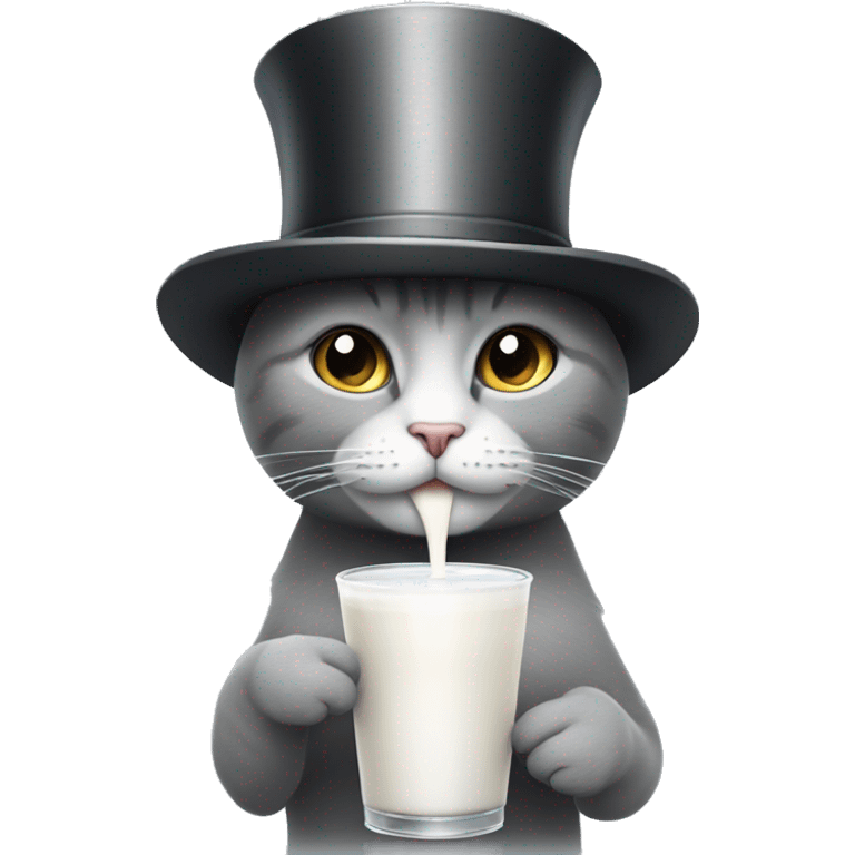 cute grey carton cat drinking a carton of milk and wearing a top hat emoji