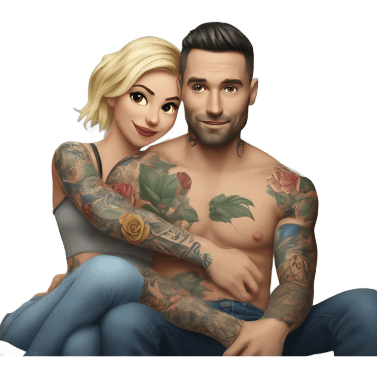 Hyper Realistic beautiful woman in the arms of a very handsome tattooed man on a sofa emoji