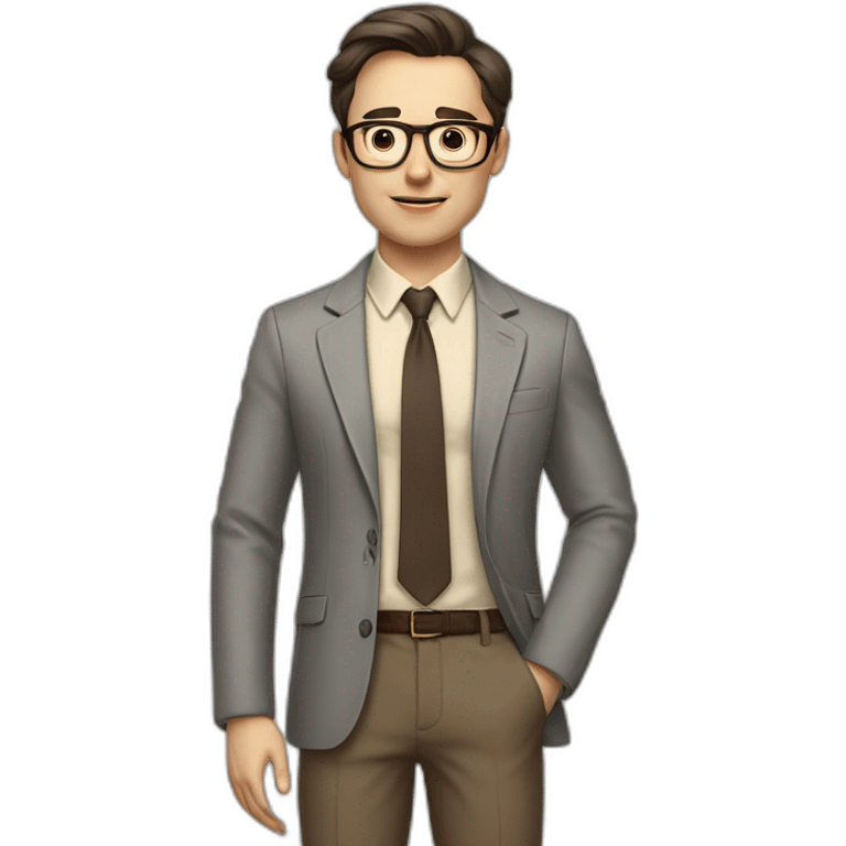 Full height Actively gesturing with hands Pale skinned fit man with dark brown hair in gray jacket, beige office shirt, brown tie, brown pants and vintage glasses. emoji