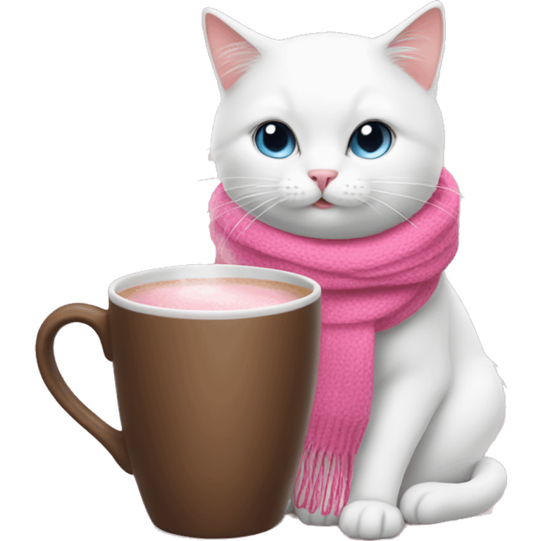 White cat with a pink scarf drinking hot chocolate from a pink cup emoji