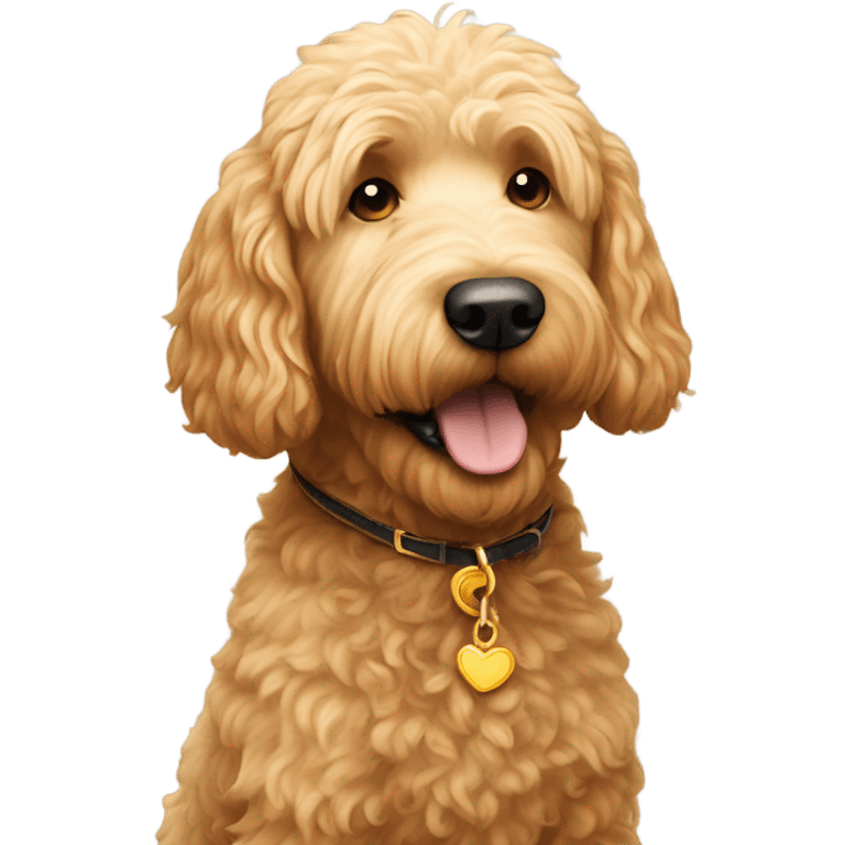 Golden doodle dog lovingly looking at his human fathers. They are in a meadow cliff overlooking a small village. emoji