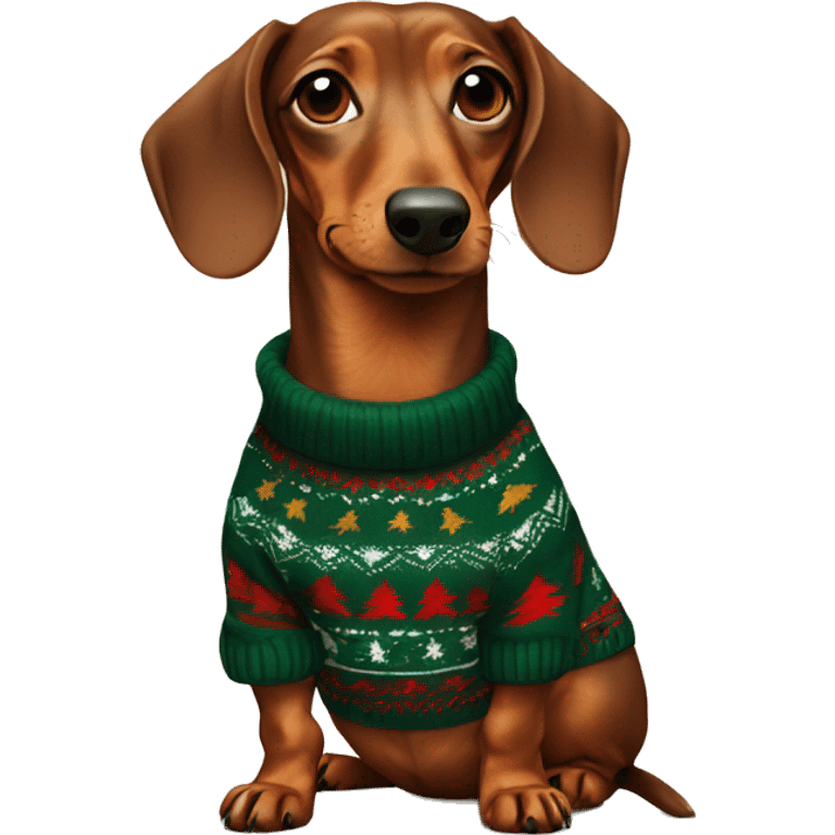 dachshund wearing Christmas sweater and horns emoji