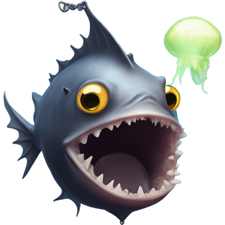 Anglerfish with a glowing lure hanging from its forehead, sharp teeth, and big eyes. emoji