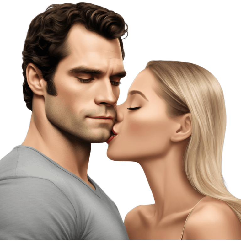 realistic photo of Henry Cavill kissing a beautiful female model while touching her cheek emoji