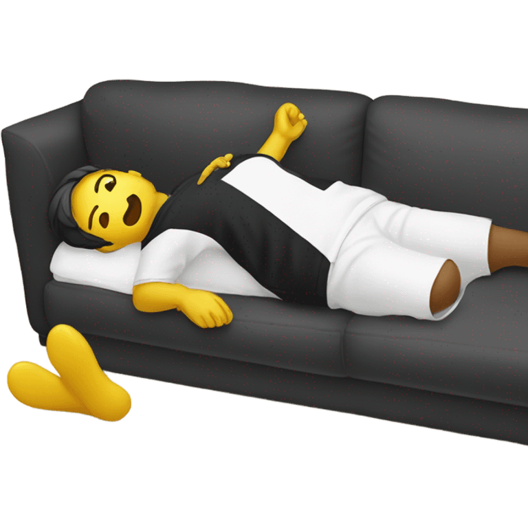 A person lying on a sofa, one leg crossed over the other, with hands behind the head, relaxing in a cozy setting, yellow emoji color skin, black t-shirt emoji