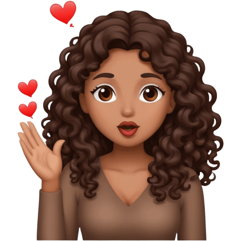 Brown woman with dark brown long curly hair blowing a kiss  emoji