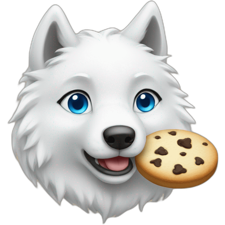 A cute white wolf with blue eyes, eating a single delicious cookie emoji