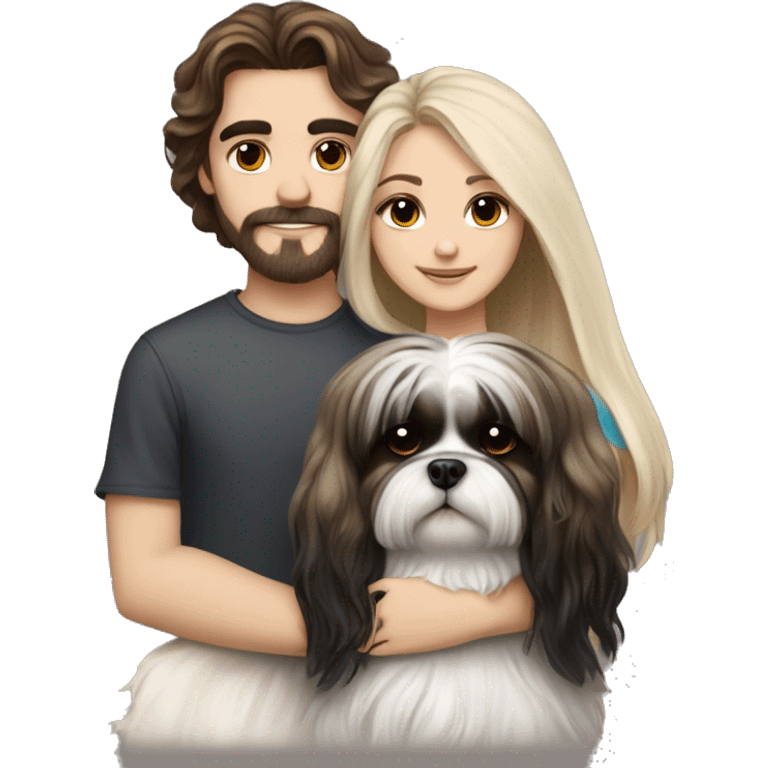 A couple, one very beautiful girl with very long volume hair brown and blond and one boy with perfect hair that hugs her and also hugs two black and white shih tzu emoji