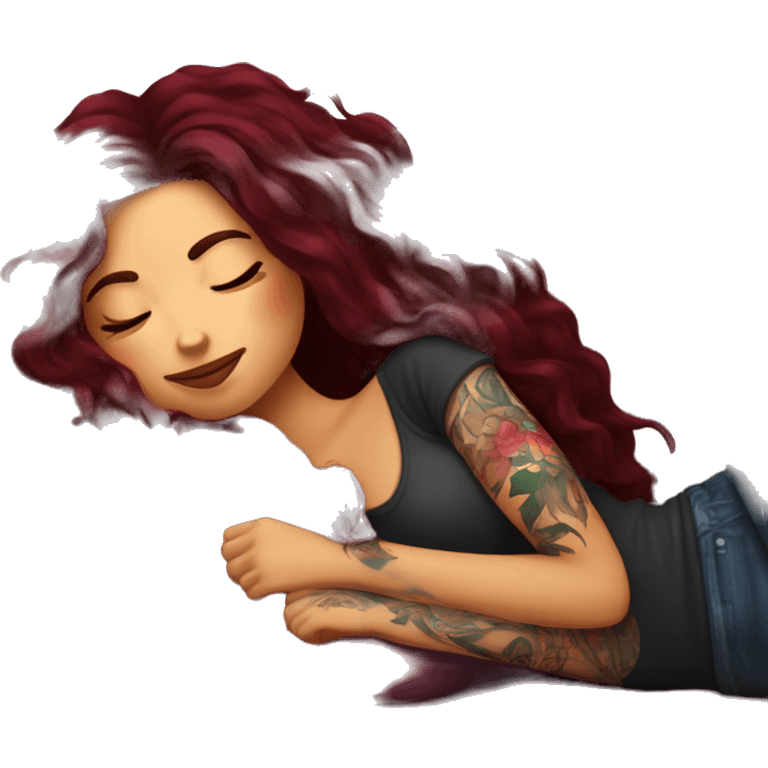 Beautiful tattooed burgundy long haired woman napping on sofa emoji