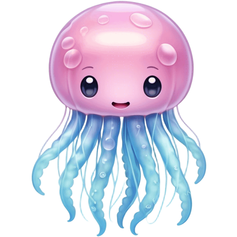 Cinematic floating kawaii jellyfish, tiny round body, soft glowing tentacles, pastel pink and blue hues, delicate sparkling highlights, dreamy and adorable. emoji