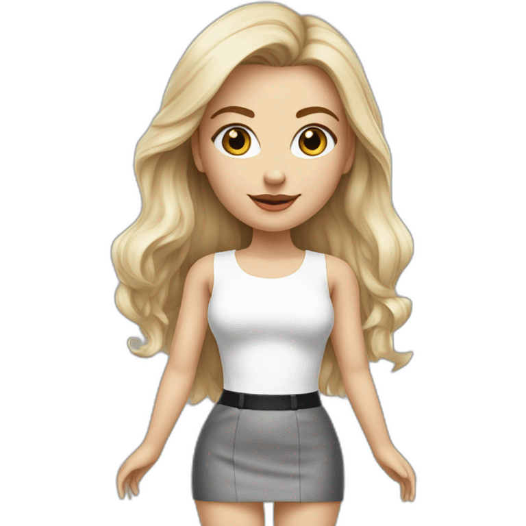 hyperrealist caucasian long blonde brown eyes woman white top gray tight mini skirt black high heels emoji