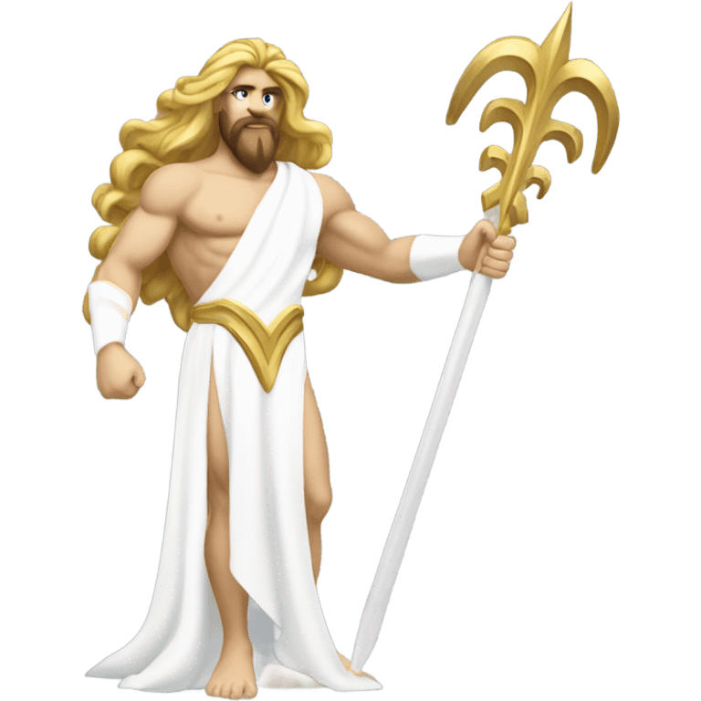 white Poseidon with gold Trident. long hair white dress. show biceps emoji