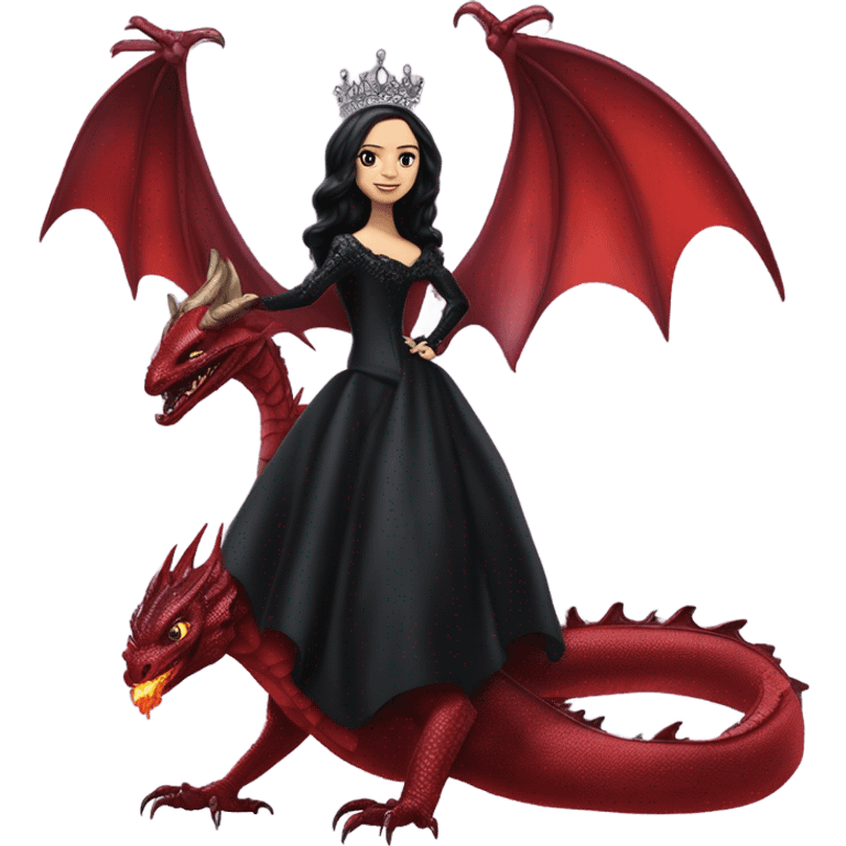 Lavish Victorian evening gown, Jenna Ortega as young Morticia Addams Jedi wearing a mini tiara, riding on the back of a very large blood red evil-looking fire-spewing horned dragon emoji