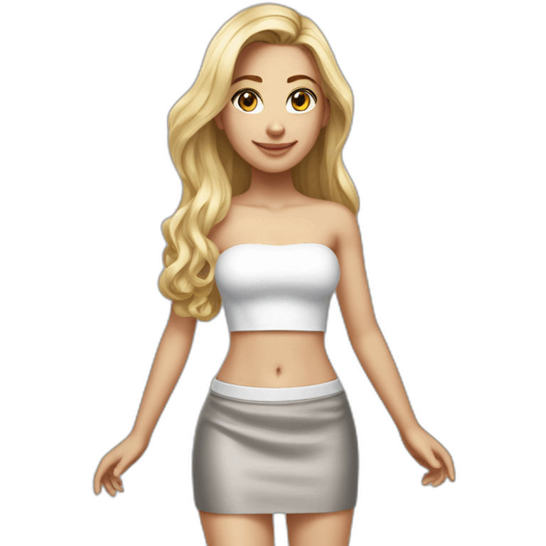 hyperrealist caucasian long hair blonde brown eyes strapless white top gray tight mini skirt black shoes full body emoji