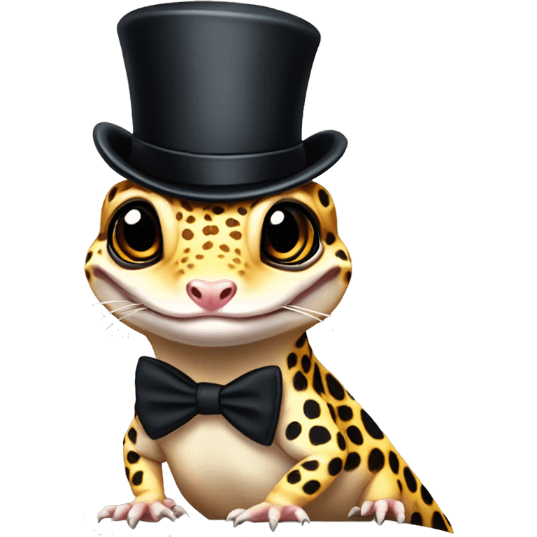 Leopard gecko with top hat and monocle and heat eyes and feather hands emoji