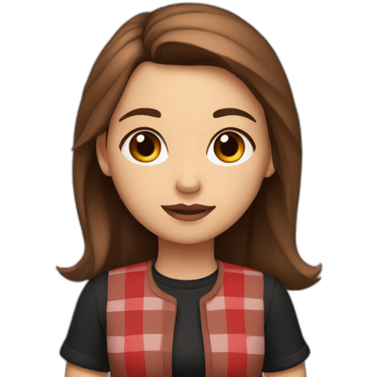 2d girl with brown hair and brown eyes a black shirt and a red checked skirt sitting emoji