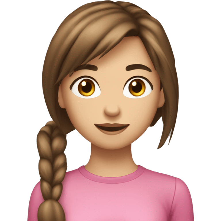 Fit girl medium hight brown eyes brown hair with bangs and a pony tail slim face ad long chin  emoji