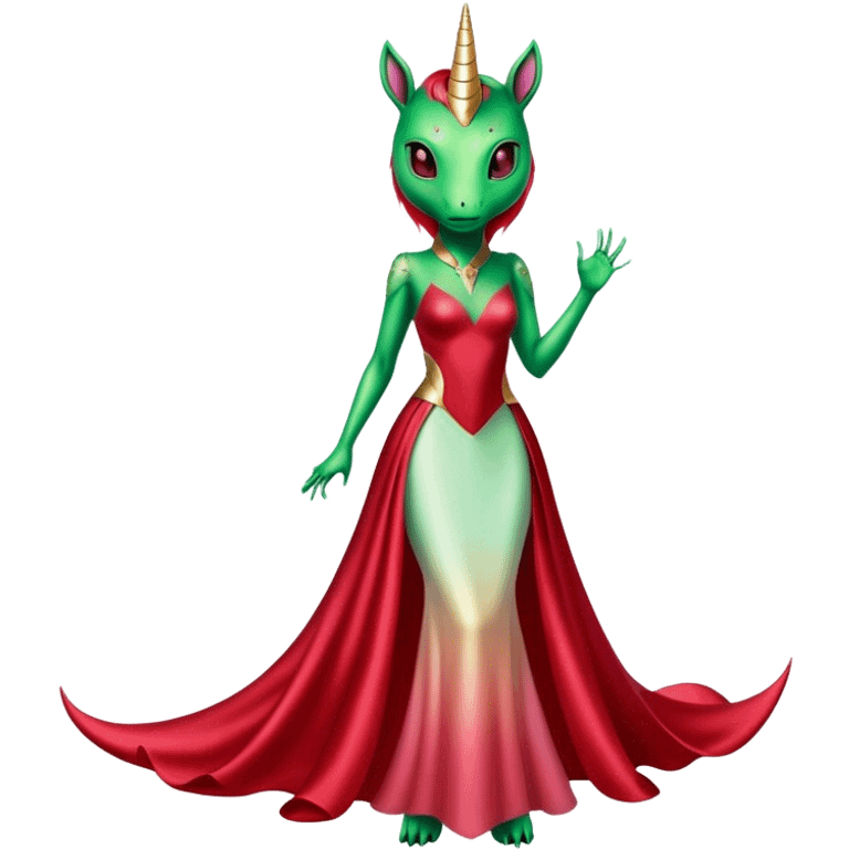 "reptilian green alien woman, in long slim pastel red formal party satin dress with gradient shiny sparkling dark red", rides "unicorn gold and white"
 emoji