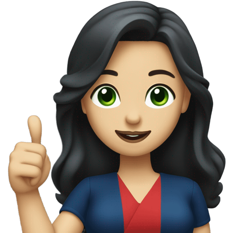 
a brunette with long hair and green eyes, with red lips and in a dark blue dress shows a thumbs up emoji