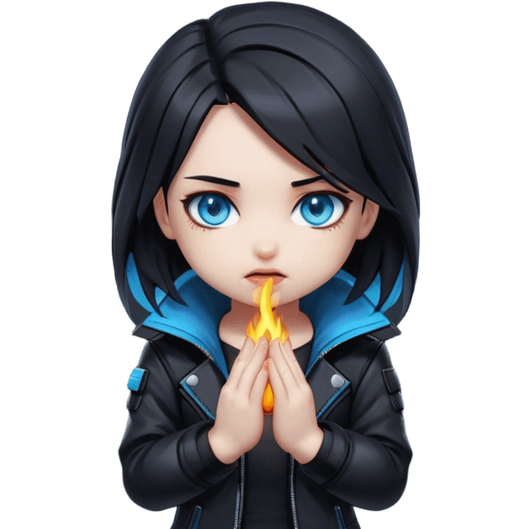 Black hair cyberpunk 2077 chibi girl with blazing blue eyes and black jacket. Hide face in hands emoji