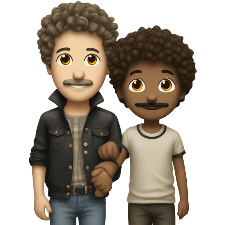 smiling boy with mustache indoors holding hands with Bob Dylan emoji