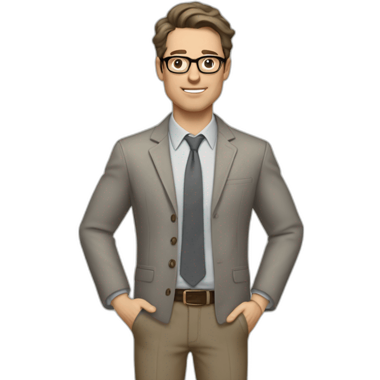 Full height Gesticulating Pale skinned fit man with dark brown hair in gray jacket, beige office shirt, brown tie, brown pants and vintage glasses. emoji