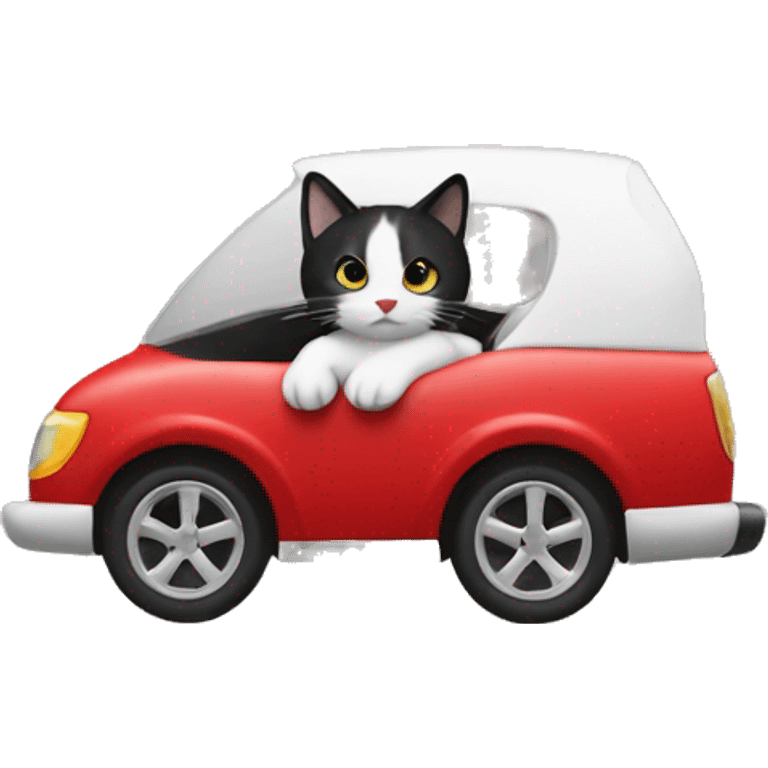 black and white cat in a red car emoji