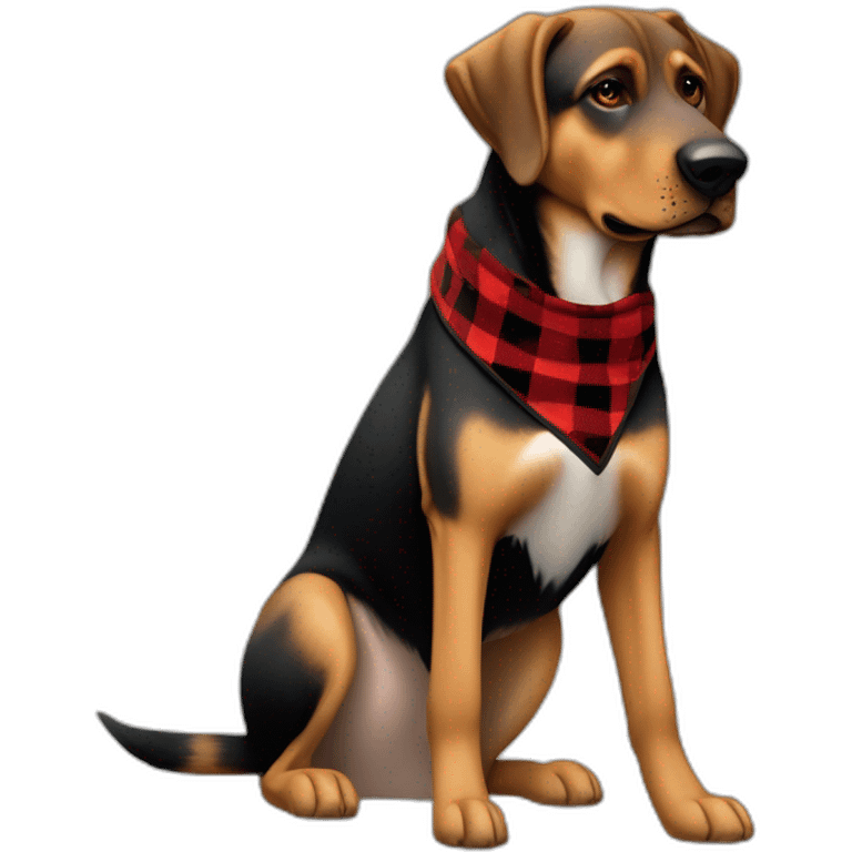 75% Coonhound 25% German Shepherd mix dog wearing small pointed red buffalo plaid bandana side view full body facing left emoji