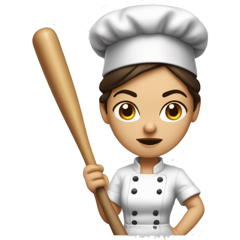 angry brunette chef with a hair bun, holding a baseball bat emoji