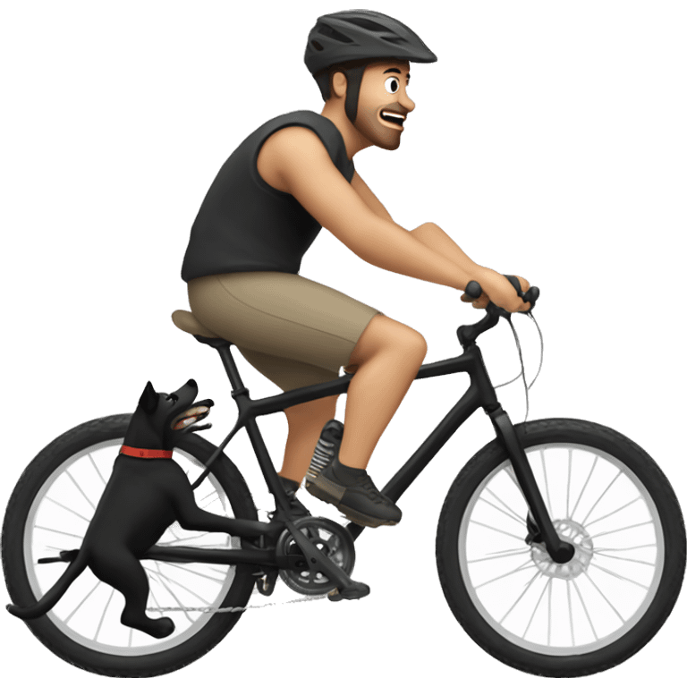 white Man riding mountain bike with black boxer dog running alongside him emoji