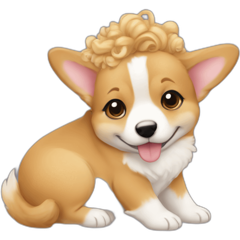 Corgi kissing a baby girl with curly blonde hair emoji