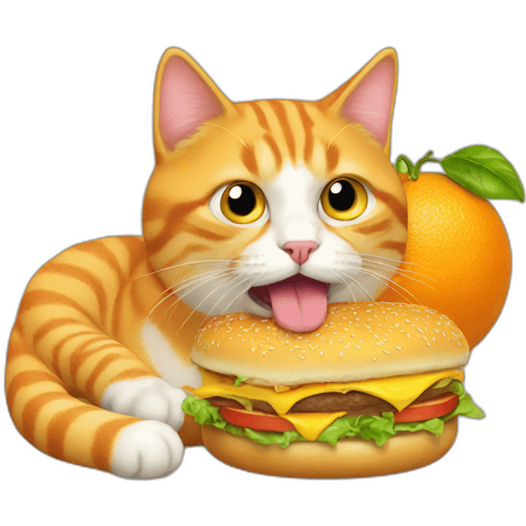 An orange cat chewing a cheeseburger emoji