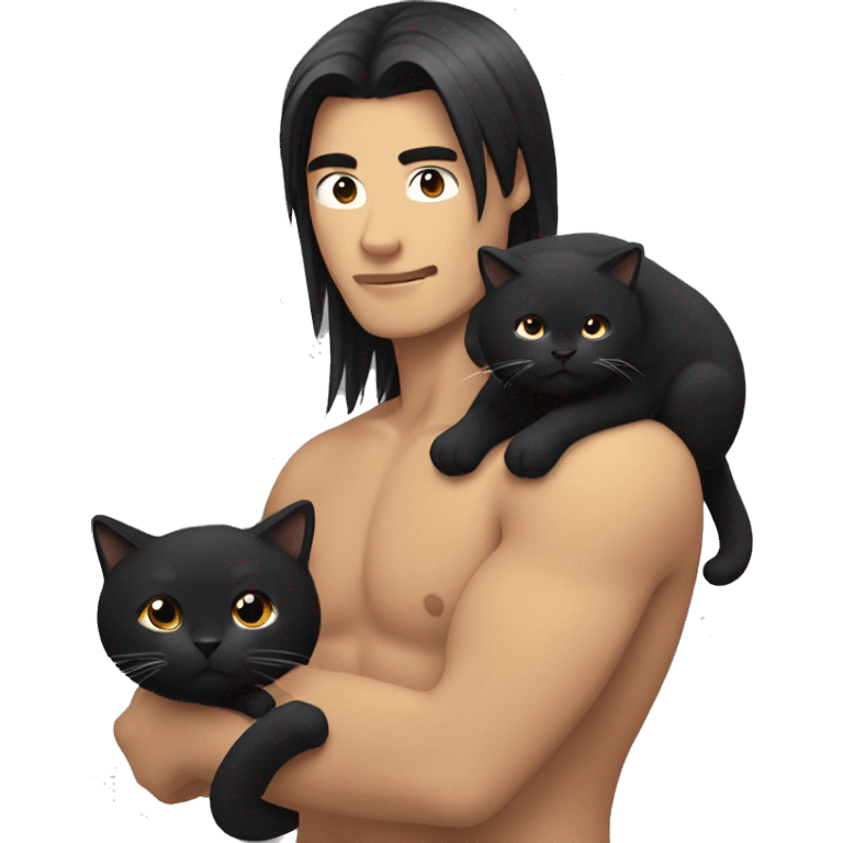 Long hair Asian man with abs holding black cat emoji