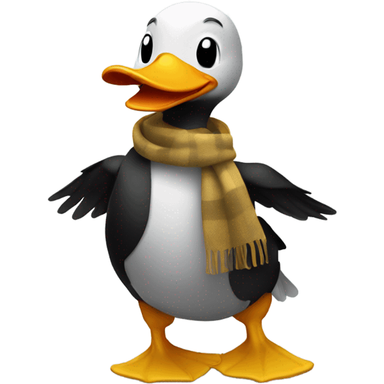 Happy duck that crossed the road and is black. Wearing a scarf emoji