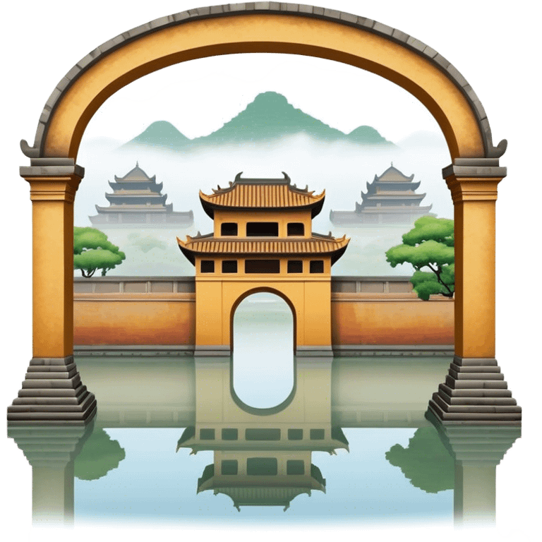 Cinematic Realistic Imperial City of Hue Landmark Emoji, capturing the ancient citadel’s weathered walls, intricate gates, and traditional Vietnamese architecture, surrounded by a misty, tranquil moat. emoji