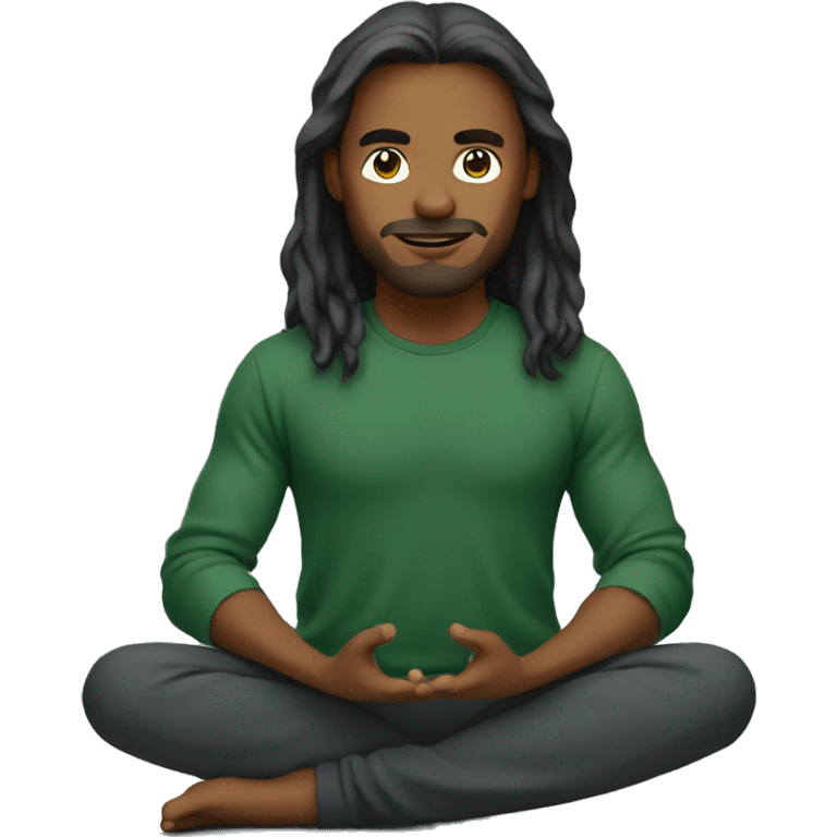 A web developer with long hair and a dark green sweatshirt sitting in a yoga pose emoji