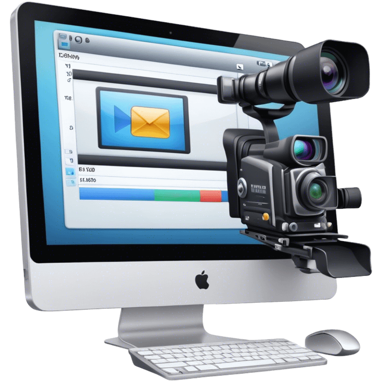 Create an emoji of video editing. Should feature a video editing timeline or interface on a computer screen, showing clips and a playhead. Include a video camera and editing tools. No smiley faces. Make the background transparent. emoji