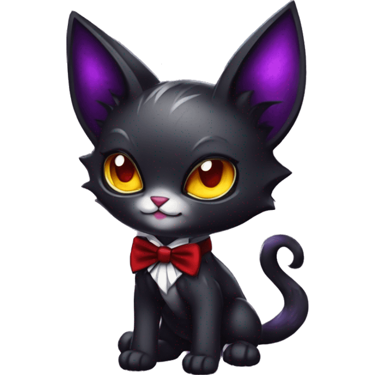 Cute-Evil-Vampiric-Batty-Cat-Black-Purple-Red-Yellow-Contrast-Colors-Fantasy-Fur-Sona-Chibi-Shiny-Fakémon-Hybrid with horns and big fangs neck bow white tie leg spats full body emoji