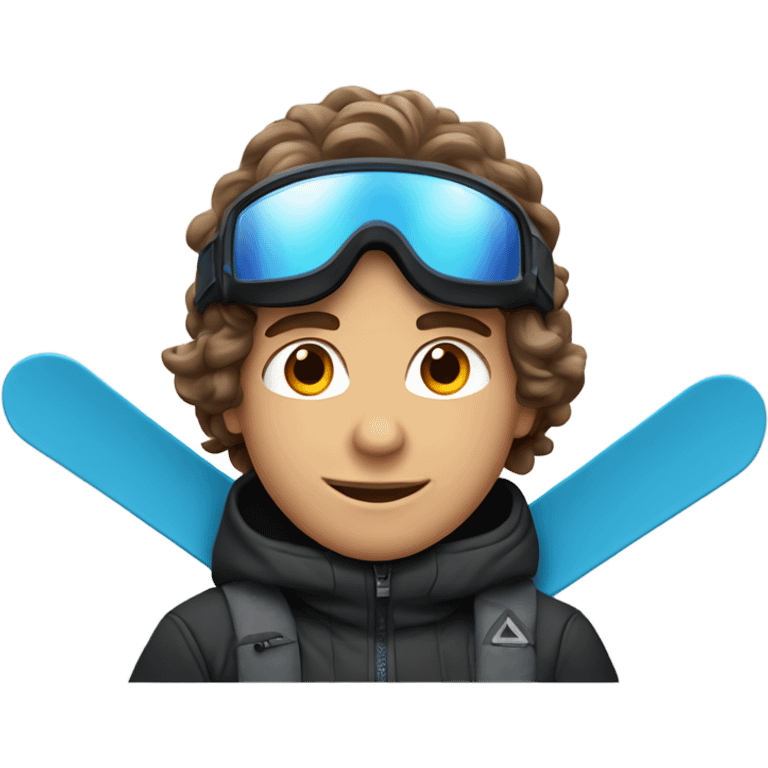 1 white Boy with wavy brown hair skiing with blue skis. He is wearing all black snow pants and a gray jacket   emoji