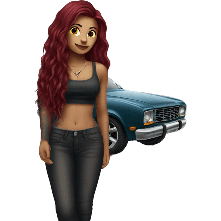 Beautiful tattooed burgundy long haired woman standing next to a car emoji